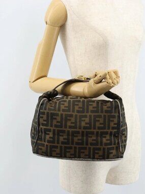 FENDI Zucca Canvas Vanity Hand Bag Black Brown gold Auth ep13520